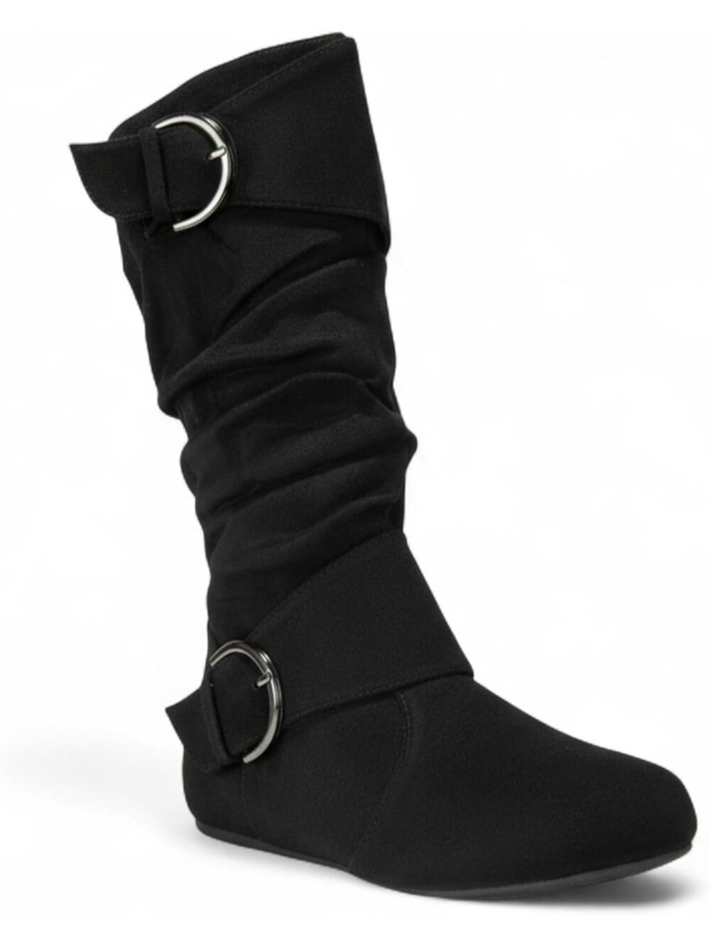 Women's Black Suede Comfortable Round Toe Buckle Side Zip Mid-Calf Low Heel Boot